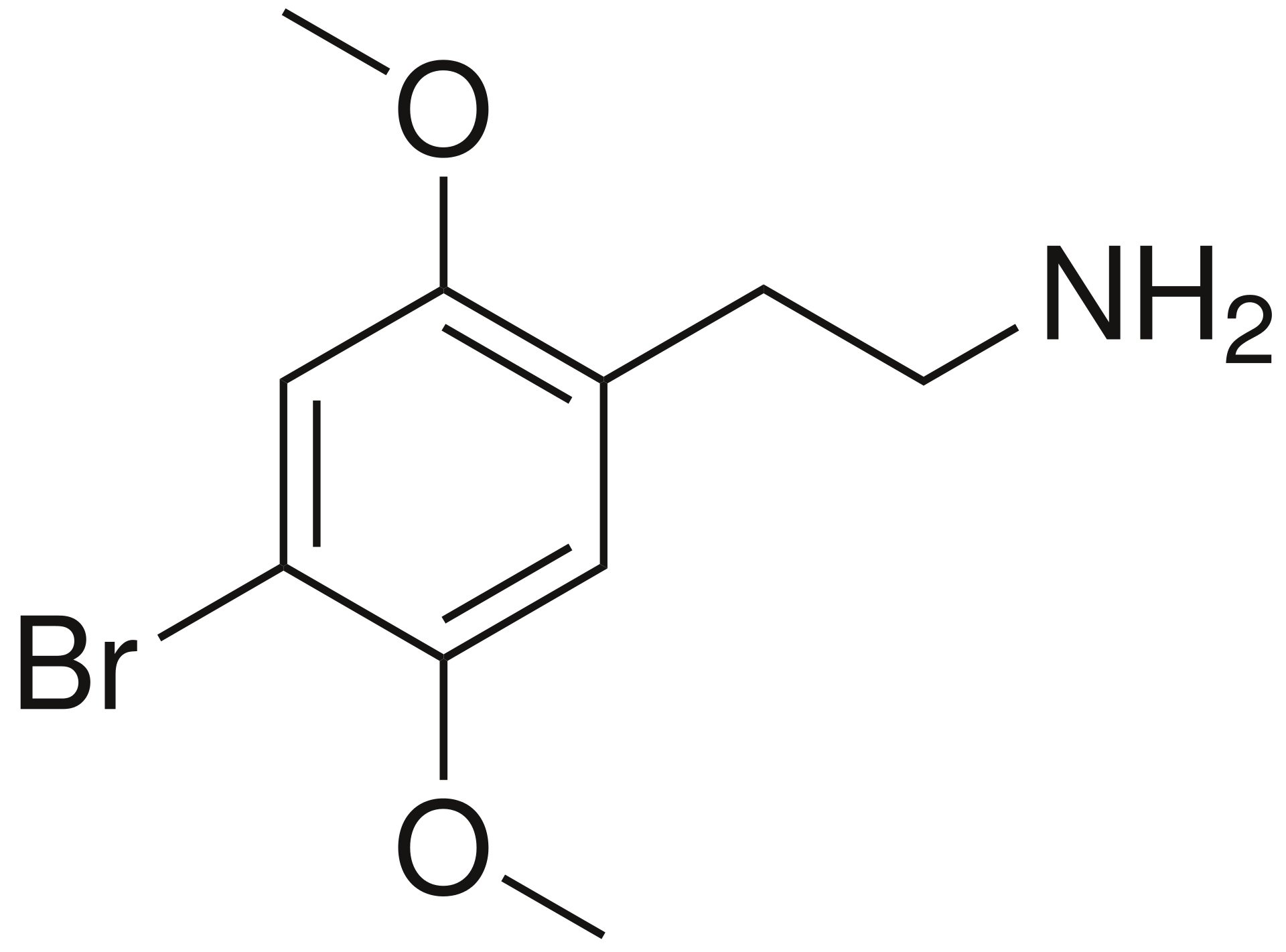 Chemical structure of a molecule with a benzene ring, bromine, two methoxy groups, and an aminoethyl group.