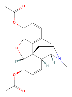 Two-dimensional chemical structure of Heroin (diacetylmorphine)